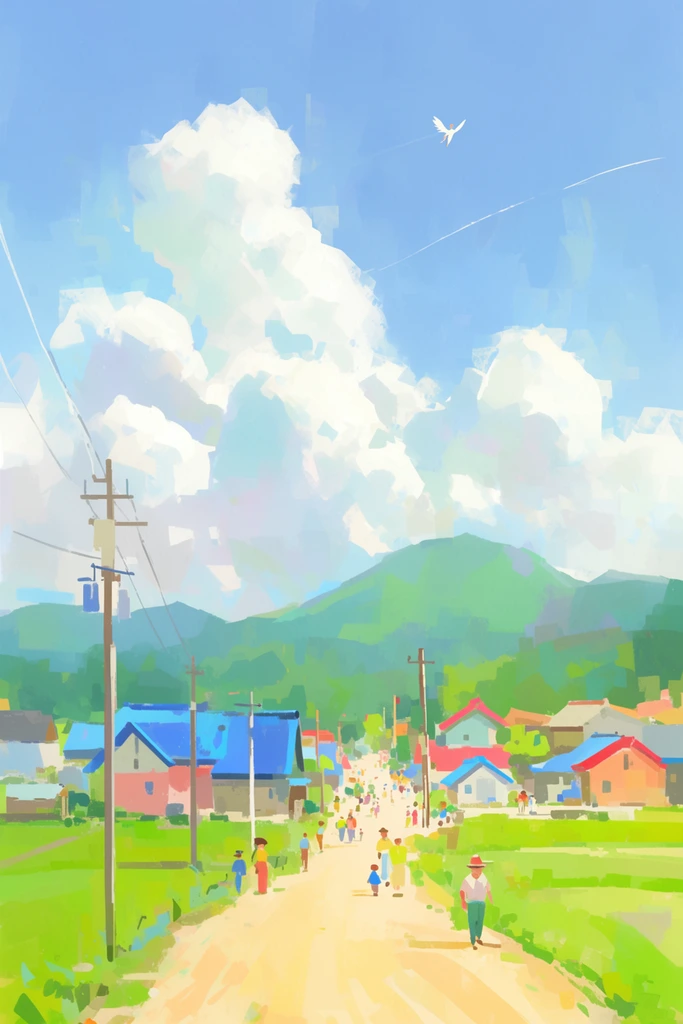 An impressionistic digital painting of a sunlit rural village under a massive blue sky filled with towering white cumulus clouds. A sandy dirt road leads into town, flanked by vibrant green fields, utility poles, and colorful houses with blue and red roofs. Tiny stylized townspeople stroll along the path. Rolling green mountains sit in the background. High above, a small winged silhouette soars, leaving a faint trail. The artwork uses blocky brushstrokes and a vibrant pastel palette.