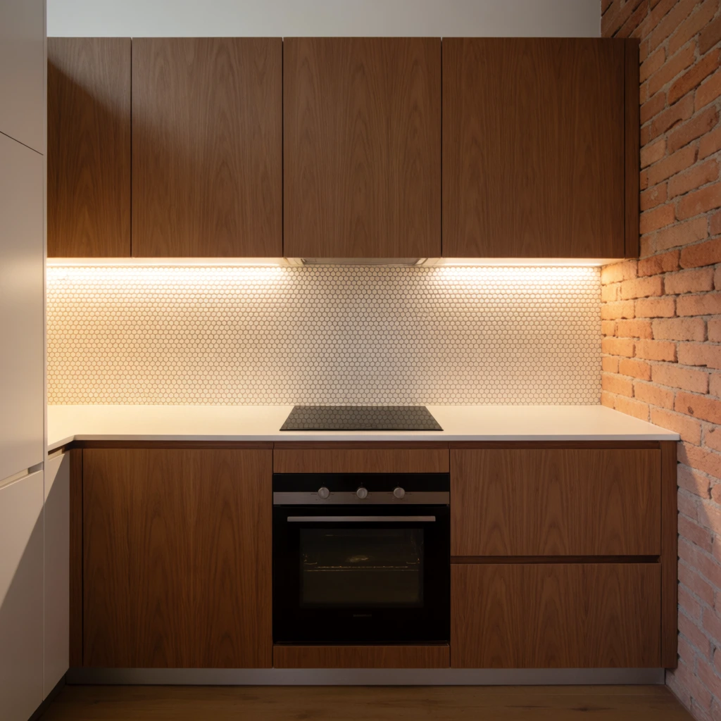 Modern kitchen interior, flat panel wood cabinets, white countertop, penny tile backsplash, warm under-cabinet lighting, black cooktop, built-in oven, exposed brick wall, architectural photography