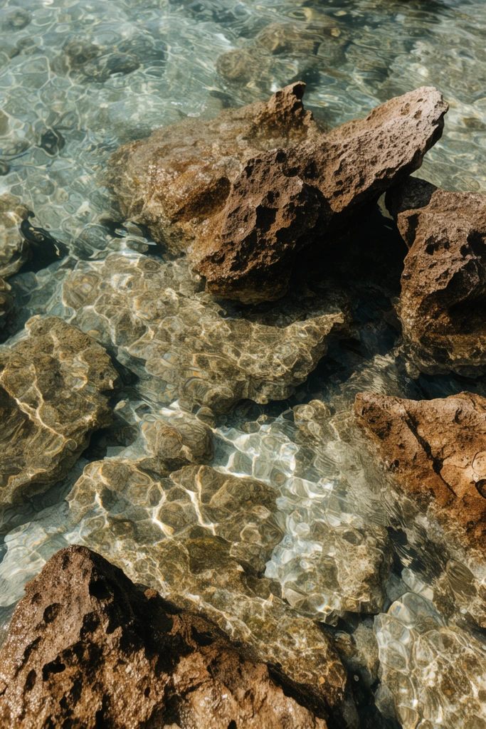 jagged brown rocks partially submerged in crystal clear shallow water, sunlit ripples refracting over submerged stones, high angle top-down perspective, natural earth tones, sharp focus nature photography