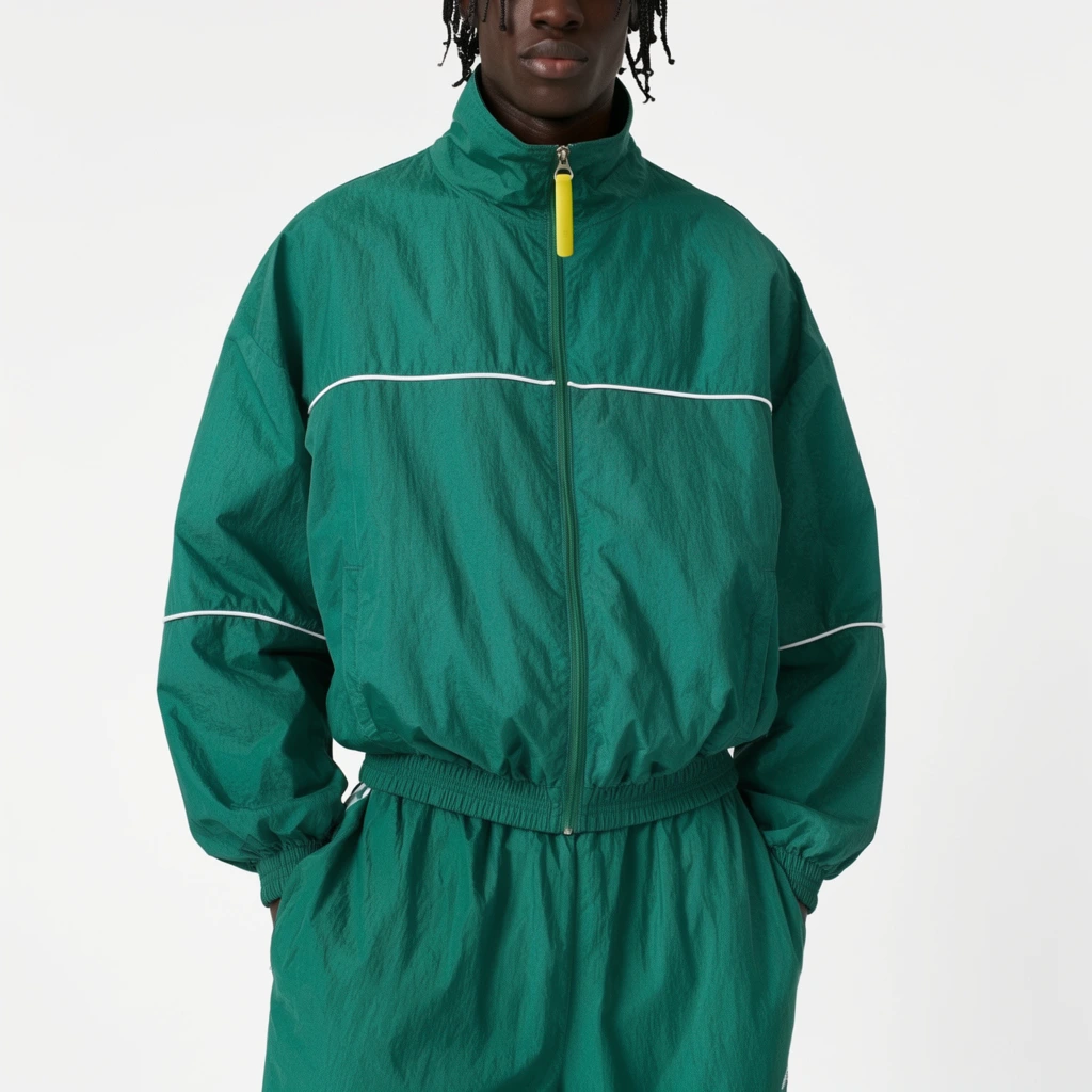 male model wearing a relaxed emerald green nylon tracksuit, cropped shot from lower face to mid-thigh, dark skin, short braided hair, crinkled windbreaker jacket with a high collar, thin white horizontal piping across the chest and sleeves, front zipper featuring a bright yellow accent pull, gathered elastic cuffs and hem, matching baggy green track pants, hands resting in pockets, crisp white studio background, bright even lighting, minimalist fashion e-commerce photography, high resolution