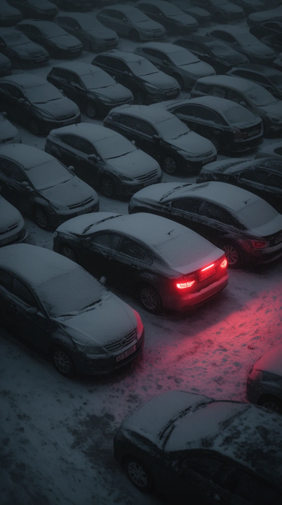 rows of dark snow-covered cars in a dense parking lot at dusk, single vehicle with glowing red taillights casting crimson light on the snowy ground, elevated angle, cool monochromatic gray palette, moody cinematic winter scene
