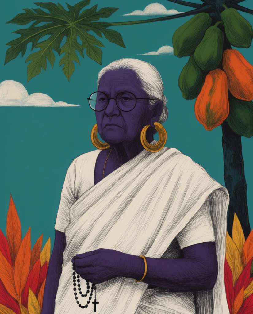 A stylized portrait of a stoic elderly woman with deep purple skin and white hair wearing a draped white sari, standing against a flat teal background. She wears round glasses, massive gold hoop earrings, and holds a black rosary. Dense black cross-hatched linework adds texture throughout. A dark tree trunk bearing large green and orange papayas and palmate leaves frames her overhead next to stylized white clouds. Pointed foliage in bright orange, red, and yellow borders the bottom, creating a striking graphic illustration with bold color contrast.