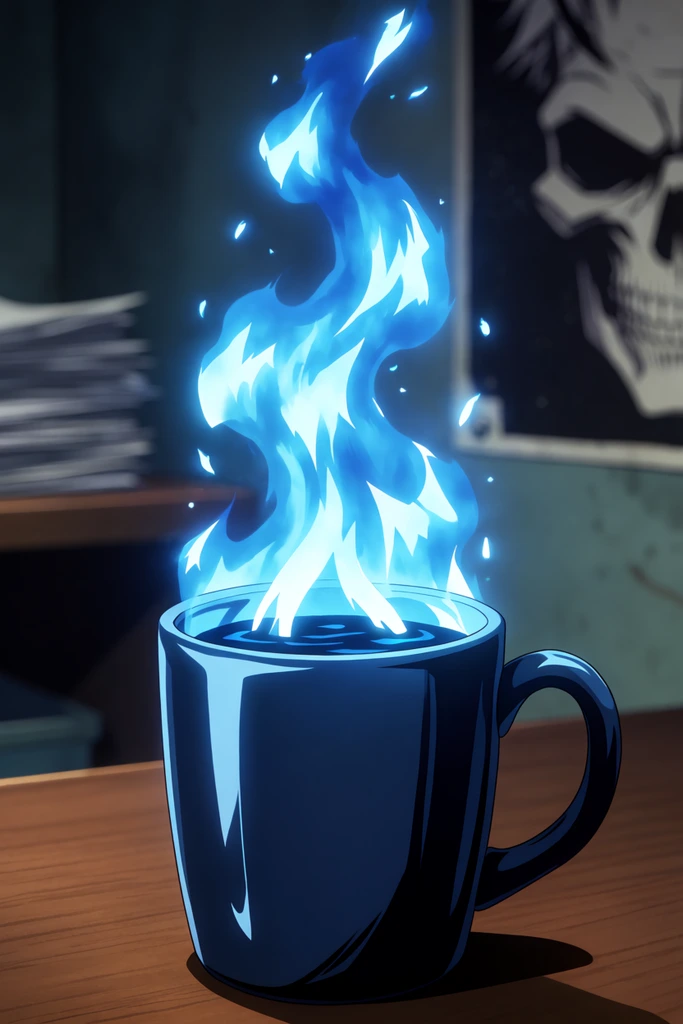 A dark blue ceramic mug rests on a smooth wooden surface, emitting a towering column of jagged, glowing light-blue ethereal flames instead of standard steam. The vibrant energy twists upward in sharp, stylized fragments from the dark liquid inside, surrounded by floating luminous embers. Rendered in a crisp 2D cel-shaded animation style, the mug features bold, graphic highlights and deep cast shadows. The softly blurred background reveals an indoor setting with a shelf stacked with papers and an out-of-focus poster depicting a monochrome skull-like face. The composition highlights the high-contrast, electric blue magical fire against the moody, subdued room.