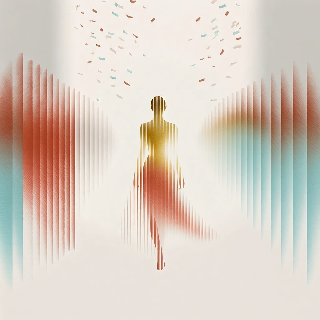 minimalist graphic abstraction of a woman on a runway amid falling confetti, rendered through rhythmic vertical bars of varying heights and soft-edged gradients, monochromatic muted rust-red palette, warm off-white matte background, centered high-contrast serif typography, generous negative space, subtle paper texture, ethereal atmospheric perspective, swiss design aesthetic, vertical linear repetition, fluid silhouettes suggested by varying stroke densities, airy and sophisticated mood.