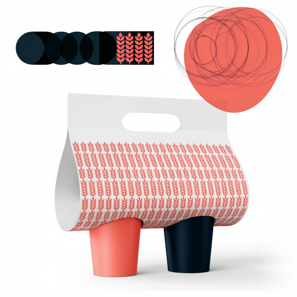 A minimalist packaging mockup on a white background featuring a white cardboard beverage carrier holding a matte coral cup and a dark navy cup. The carrier displays an oval cutout handle and a dense, repeating coral pattern of stylized wheat stalks. Floating above are abstract graphic elements demonstrating a conceptual design process: a sequence of dark geometric shapes merging with a wheat motif, and a large organic coral form meticulously drafted with overlapping thin black wireframe circles.