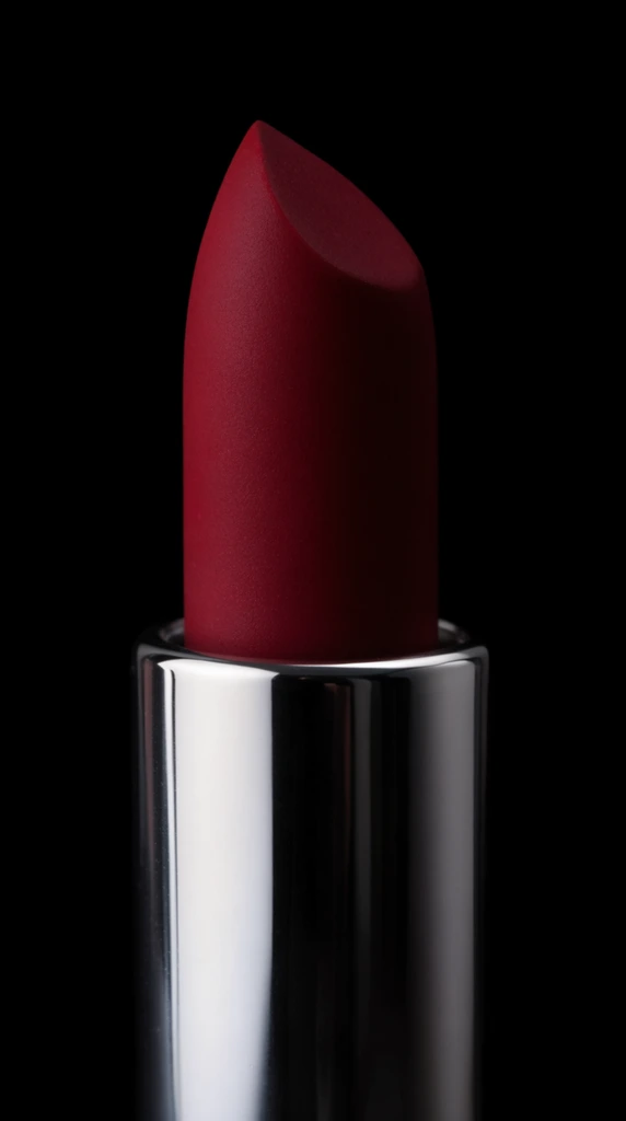 A close-up macro shot of a deep crimson lipstick bullet emerging from a polished silver tube against a pitch-black background. The velvety matte red cosmetic features a sharply angled flat top. The mirror-like silver cylindrical casing catches a crisp, vertical gradient highlight along its left edge, fading into deep shadow on the right. Dramatic studio lighting emphasizes the stark textural contrast between the soft matte red makeup and the highly reflective metallic base isolated in the dark void.