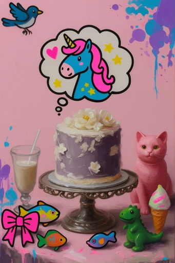 Maximalist Neon Pop-Surrealism style reference image — expressive paint splatters