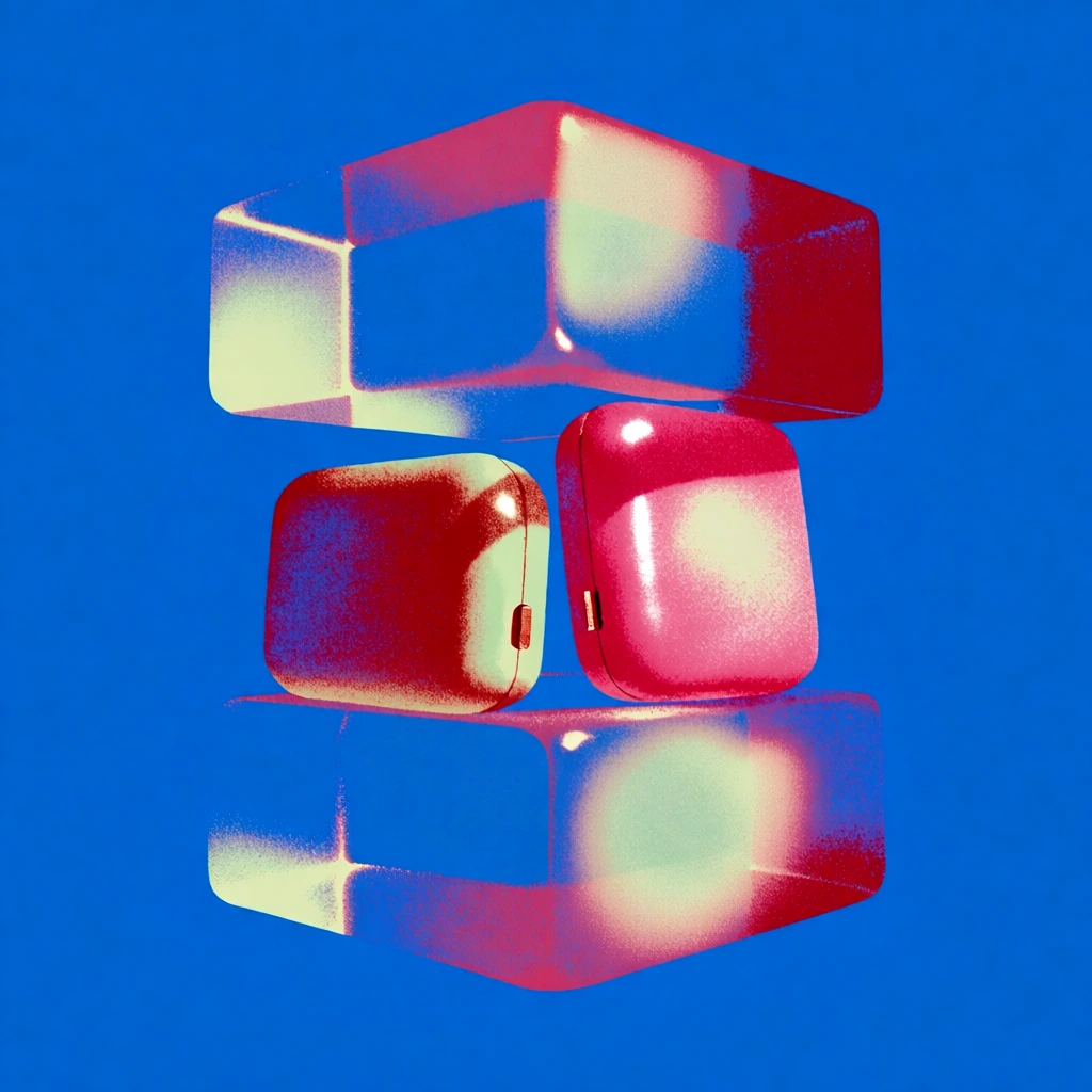 three translucent rectangular blocks stacked and surrounding two solid rectangular devices, floating centered against a flat electric blue background, heavy stippled mezzotint grain, high-contrast risograph aesthetic, blown-out yellowish-white highlights, deep saturated crimson and hot pink mid-tones, harsh top-down directional lighting, grainy stipple gradients, posterized 90s graphic design style, minimal composition, hyper-saturated color treatment, no cast shadows