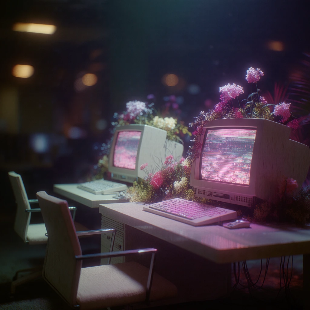 cinematographic low-key lighting, moody teal and magenta color grade, heavy film grain with soft-glow halation, two retro-futuristic workstations with curved crt monitors, lush floral arrangements spilling from hardware, minimalist office chairs, empty liminal office setting, shallow depth of field with warm amber bokeh background, analog scan lines and pink glitch artifacts on screens, high-contrast chiaroscuro, nostalgic 90s hardware, textured matte surfaces, melancholic atmosphere