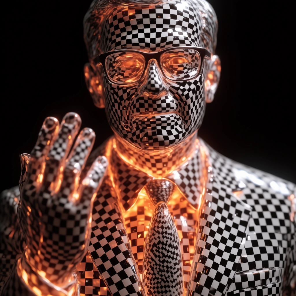A man in a suit with a patterned tie and glasses standing with one hand raised, constructed entirely from a highly reflective, glossy material enveloped in a dense, high-contrast black-and-white checkerboard grid. The geometric grid aggressively warps and stretches over the three-dimensional contours of his tailored suit, tie, facial features, thick-framed glasses, and the raised hand, creating a surreal, high-gloss op-art effect. Intense, warm amber and bright orange luminescence emanates from within the hollow structure of the figure, glowing fiercely beneath the grid mesh around his neckline, through the lenses of his glasses, and at the joints of his raised fingers. Set against a stark, pitch-black void, the composition features dramatic, high-contrast lighting with sharp, crystalline specular highlights gleaming off the curved, glass-like surface of the checkered mesh. The ultra-photorealistic 3D rendering employs a shallow depth of field, keeping the man's optical-illusion face and raised hand in hyper-crisp focus while the outer edges of his shoulders gently blur into the dark background.