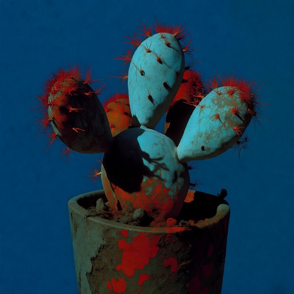 a single sculptural cactus with four distinct pads rendered in a gritty porous teal-stone texture, electric red spines, growing from a tall slightly tapered matte pot, set against a solid deep cerulean blue background, direct harsh sunlight creating sharp black shadows, hyper-saturated color palette, high-contrast surrealist mood, weathered mottled surface detail, ultra-high resolution rendering, minimalist composition, eerie stillness