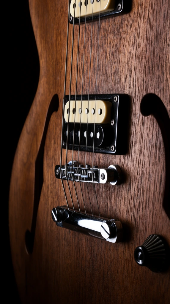 A tight macro photograph focusing on the textured wooden body of a semi-hollow electric guitar. The rich brown wood features prominent vertical grain, illuminated by dramatic side lighting that casts sharp shadows to the left. Six metal strings run vertically over a dual-coil pickup with alternating black and cream bobbins. Below sit a gleaming chrome bridge and matching stopbar tailpiece. Classic dark f-hole cutouts flank the central hardware, and a fluted black control knob rests in the lower right. High-contrast chiaroscuro styling causes the left curve of the instrument to dissolve into a pitch-black void, emphasizing the tactile metallic hardware against the organic wood finish.