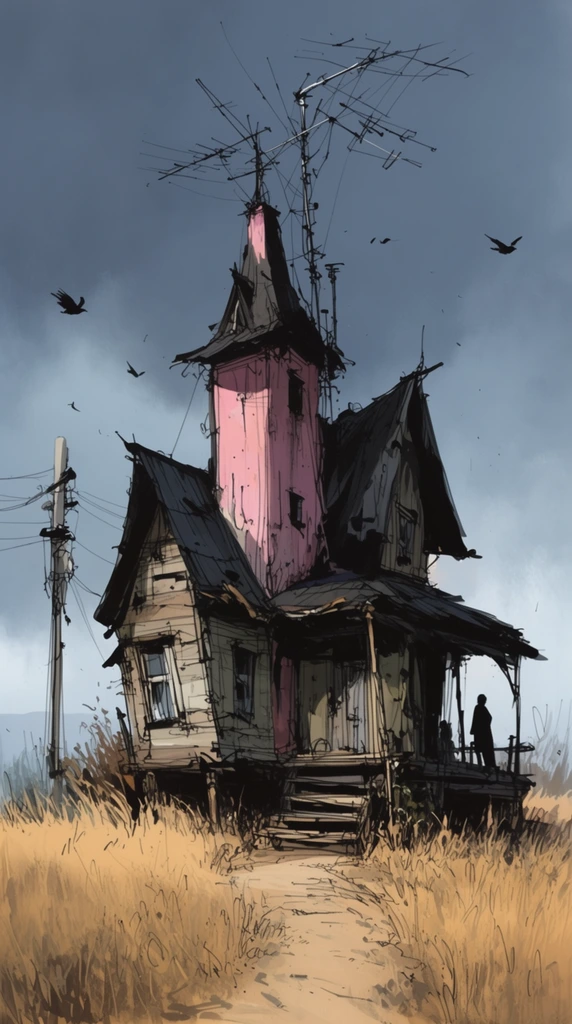 dilapidated asymmetrical wooden house with a tall pink tower, steep dark roofs, sprawling metal antenna mast, sketchy digital concept art, loose expressive ink linework, dry golden grass field, dirt path to wooden front steps, silhouette of a figure on the right porch, utility pole with wires, flying black birds, moody overcast blue and grey sky, muted color palette