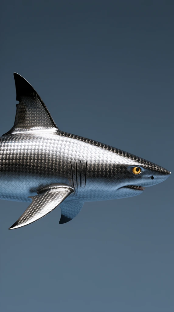 metallic shark profile, woven carbon fiber texture, intricate geometric scales, dark tipped dorsal fin, golden eye, solid slate blue background, hyper-realistic 3D render, studio lighting