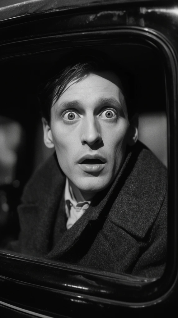 A pale man with wide, mesmerized eyes and parted lips peers intently from a dark vehicle's curved window. He wears a heavy wool overcoat over a light collared shirt. High-contrast black-and-white cinematic lighting dramatically illuminates his startled face against deep shadows, isolating his sharply focused features from the softly blurred, ambiguous background.