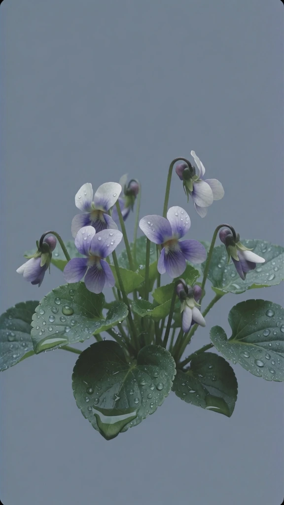 a cluster of violets with several open blooms and buds surrounded by large textured leaves with water droplets, centered on a plain flat gray-blue background, lo-fi aesthetic of an early 2000s digital video frame, muted and desaturated color palette, soft diffuse overcast lighting, heavy digital grain and soft focus, minimalist composition with expansive negative space, clinical and surreal atmosphere, matte rendering, low resolution digital noise, flat perspective.