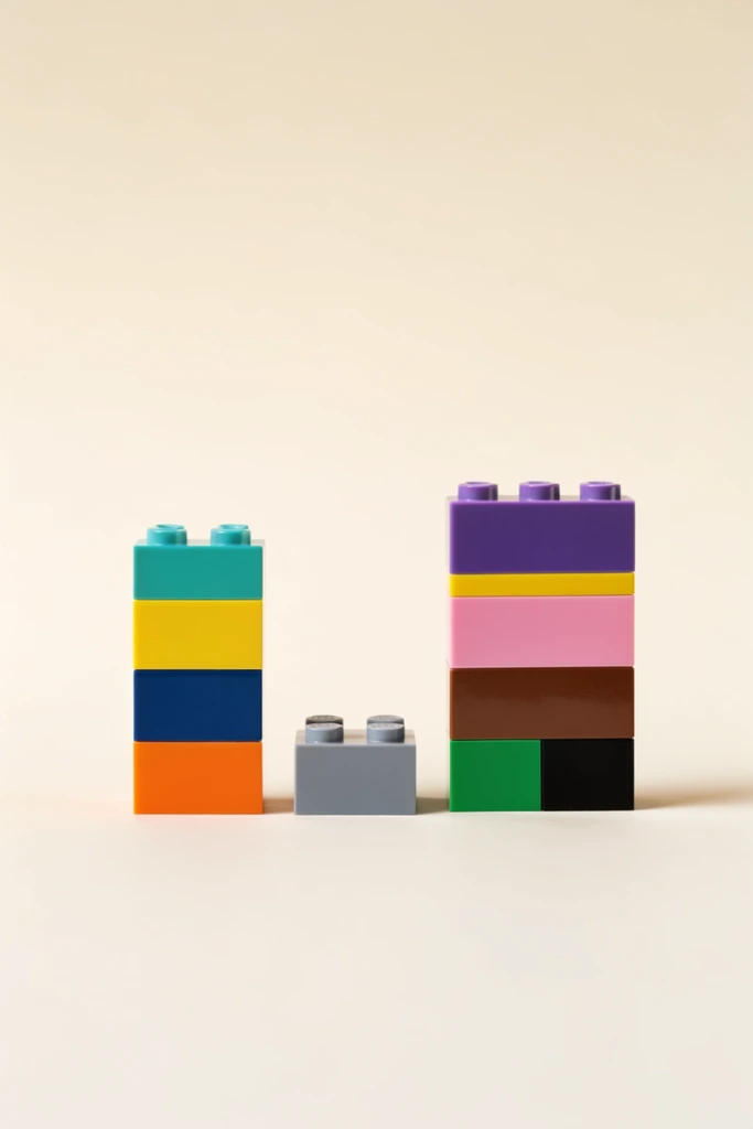 A minimalist composition features three vertical stacks of interlocking plastic building bricks centered against a seamless pale cream background. The leftmost stack consists of a teal tile, a yellow block, a dark blue plate, and an orange base brick. Beside it sits a single low-profile grey brick. The rightmost stack is taller and wider, constructed from a purple brick, a yellow stripe, a pink block, a brown plate, and a base split vertically into green and black sections. Soft, diffused studio lighting casts precise drop shadows to the right, emphasizing the clean geometric simplicity, glossy plastic textures, and stark negative space of this abstract arrangement.