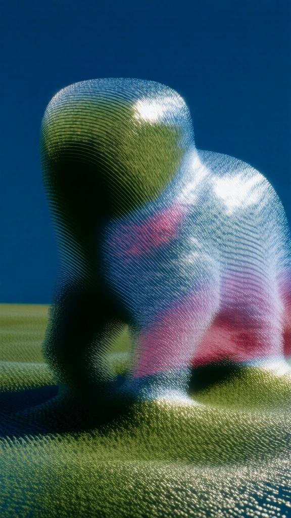 bipedal swamp creature with a cylindrical body on a textured surface, rendered with a lenticular ribbed aesthetic, fine parallel scanning lines, prismatic light distortion, iridescent chromatic aberration, deep teal and vibrant moss green palette, hits of magenta and violet highlights, high-frequency moiré patterns, digital artifacting, low-angle perspective, shimmering highlights on micro-ribbed textures, ethereal and glitchy atmosphere, high-contrast digital grain, saturated and surreal.