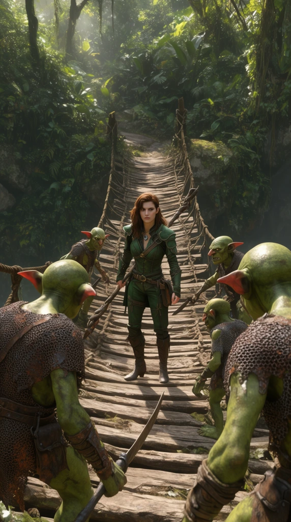female rogue in green leather armor holding a wooden staff, standing midway across a rickety rope bridge, facing a group of goblin warriors in rusted chainmail, deep lush jungle ravine background, thick green foliage, cinematic wide shot over-the-shoulder perspective, tense standoff, daylight, high contrast lighting, photorealistic adventure fantasy style