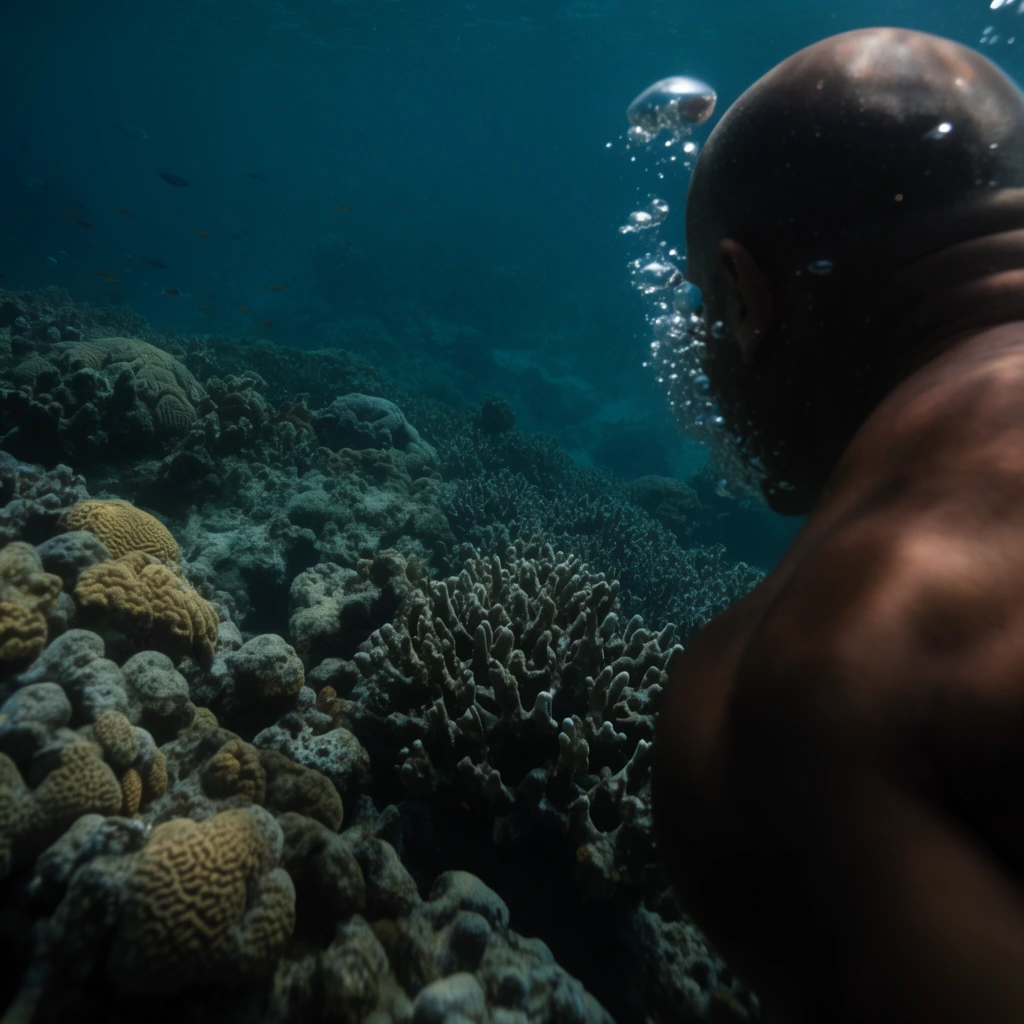 An over-the-shoulder view of a bald man swimming underwater, his shadowed bare back and shoulder dominating the right foreground. Silver air bubbles trail upward from his face. Below him, a sprawling reef of textured brain coral and branching structures slopes into a dark teal abyss. Tiny fish swim in the distance. Diffused natural sunlight casts deep, moody shadows across the marine landscape.