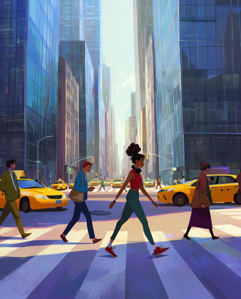 Pedestrians traverse a sunlit city intersection flanked by towering glass skyscrapers in a vibrant, stylized animated aesthetic. A young woman with a high bun, red top, and headphones around her neck crosses the foreground crosswalk beside idling yellow taxis and other walking figures. Atmospheric sunlight pours down the avenue, casting cool purplish-blue shadows across the painted asphalt. The composition blends cinematic spatial depth with dynamic 2D painterly textures and energetic flat shading.