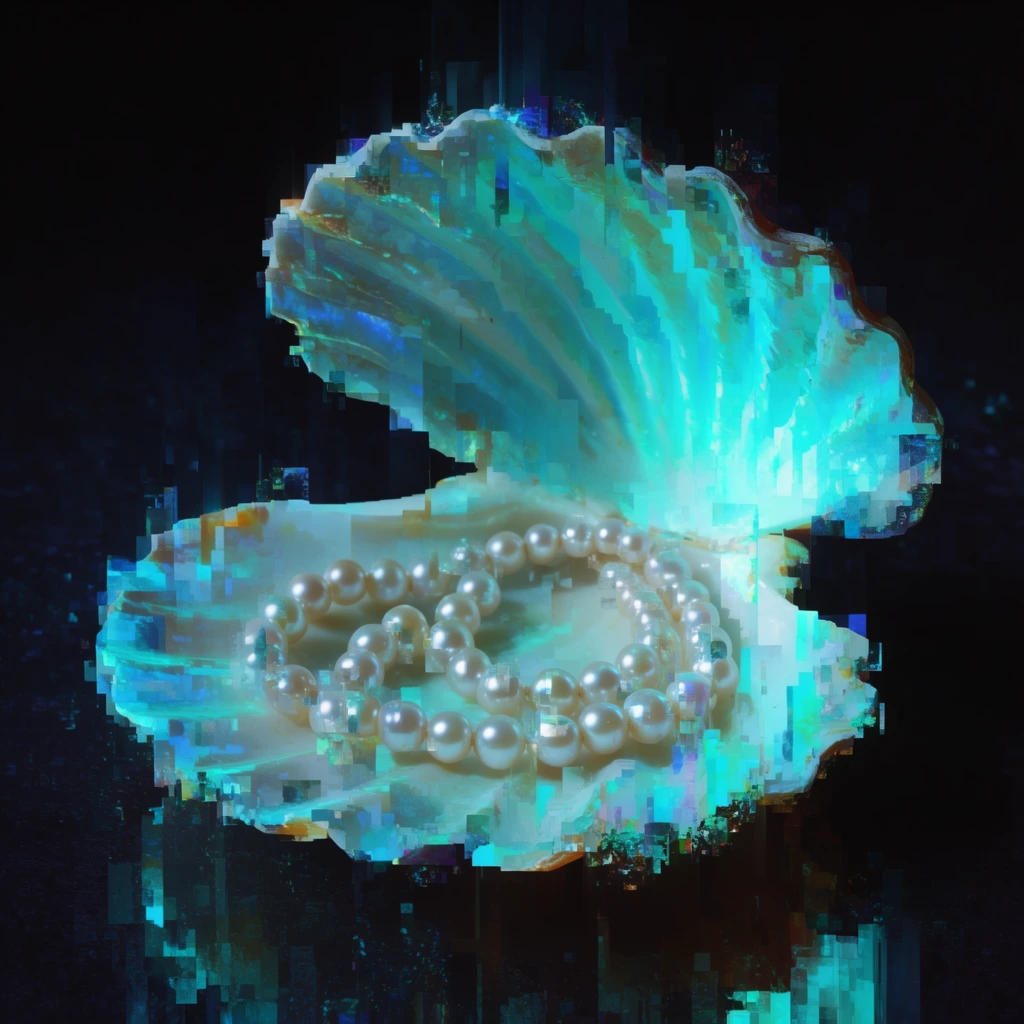 A single open shell is centered, its form heavily abstracted by intense digital glitch art, vertical pixel sorting, and jagged data-moshing techniques. Inside, a long string of pearls rests on the fleshy, ridged interior surface, all fragmented into cascading, staggered rectangular blocks and sharp geometric planes. The composition features a stark, dramatic high-contrast color palette, isolating the subject within deep, impenetrable pitch-black shadows. The shell, pearls, and interior ridges radiate an intensely luminous, neon cyan, bright teal, and glowing aquamarine light, appearing as if constructed from glowing digital pixels and fractured glass. Heavy light bleed, blocky voxel-like distortions, and fragmented digital noise shatter the organic contours of the shell and pearls, dissolving the glowing central subject into the dark, atmospheric void of the surrounding environment through vertical streaks of luminescent color.