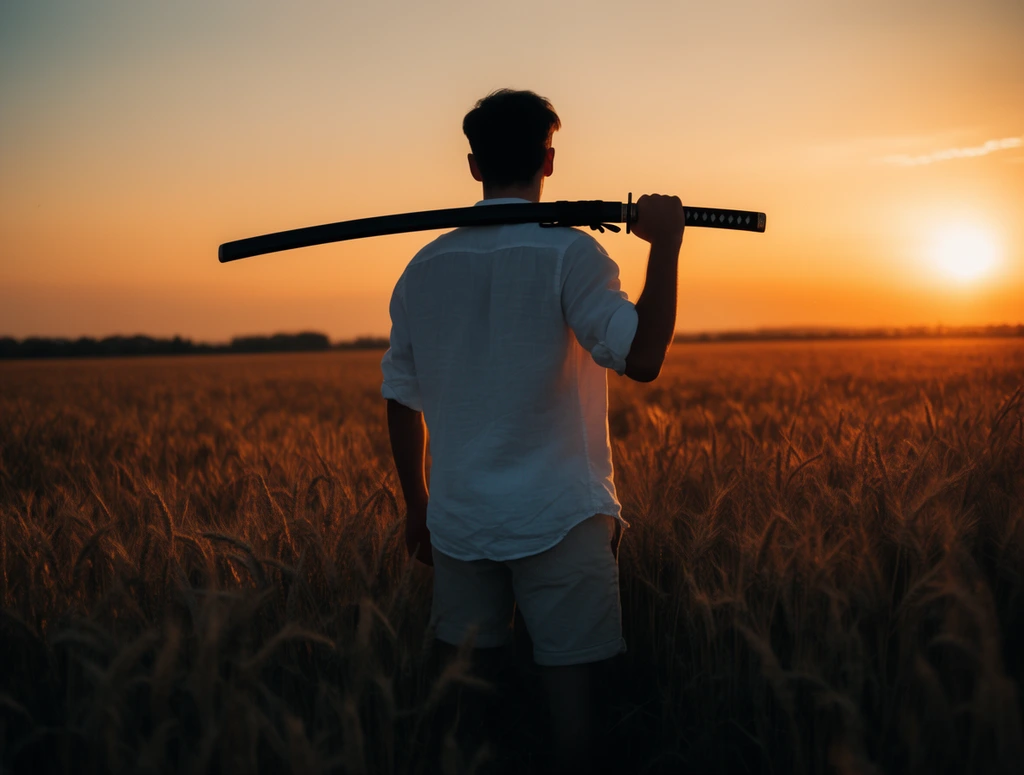 A man viewed from behind stands in a golden wheat field at sunset, resting a katana across his shoulders. He wears a white shirt and light shorts. A low sun casts a warm orange glow across the sky, leaving foreground wheat in deep cinematic shadow.