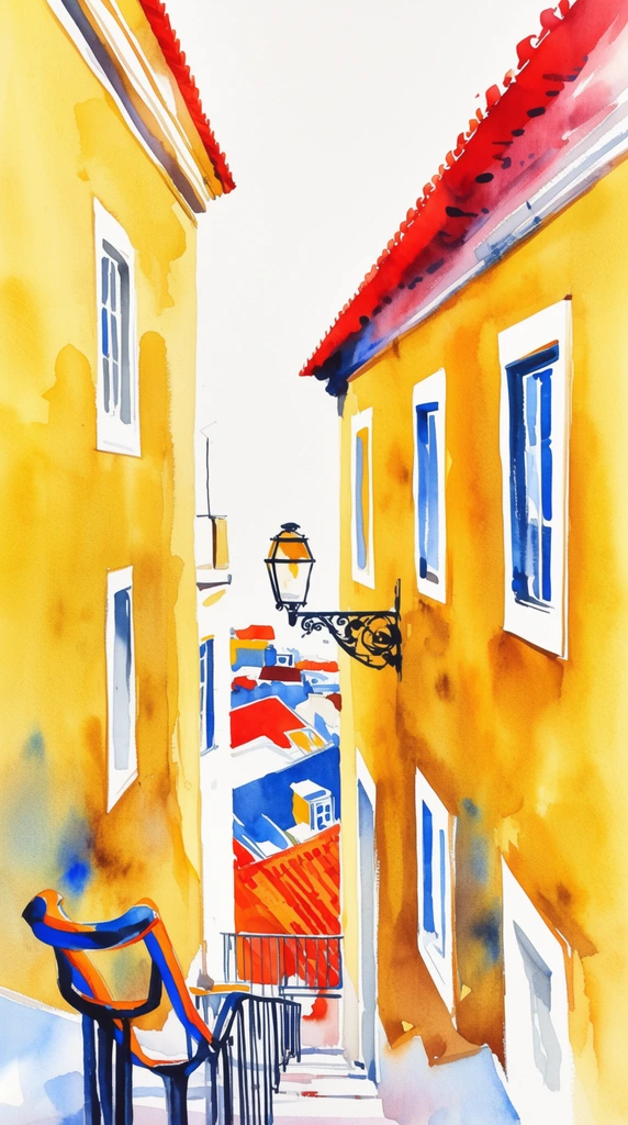 A vibrant watercolor painting looks down a narrow alley framed by towering yellow buildings with expressive color washes. A dark metal railing with bold blue and orange accents follows a steep descending path in the foreground. The warm ochre walls feature stark white window frames, blue glass panes, and a vivid red tiled roof. A wrought-iron streetlamp hangs between the structures, revealing distant rooftops in saturated primary colors below. Loose brushwork, intense color contrast, and a blank white sky highlight the striking architectural geometry.