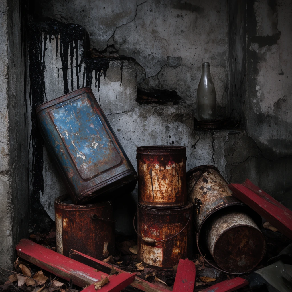 heavily rusted metal paint cans piled in a dilapidated concrete alcove, large distressed blue rectangular tin, oxidized cylindrical containers, overturned buckets, thick black sludge dripping down cracked grey walls, scattered broken red wood pieces, dead leaves, cloudy glass bottle on a stepped ledge, moody low-key lighting, deep shadows, gritty urban decay still life, rich textures of flaking rust, earthy color palette