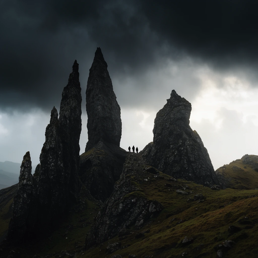 towering jagged dark stone pillars rising from a steep hillside, dramatic landscape photography, tiny silhouetted figures standing on a ridge between the massive rocky peaks for epic scale, rugged terrain covered in dark mossy green and earthy brown grass, imposing charcoal grey storm clouds heavy overhead, pale diffused white light breaking through the gloom behind the peaks, moody atmospheric conditions, cinematic lighting, stark contrast, wide-angle perspective