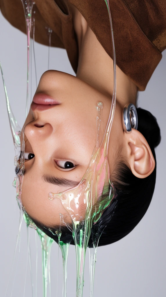 upside-down portrait of a woman, translucent viscous gel tendrils clinging to her face and suspended in mid-air, iridescent green and pink tints in the liquid strings, dark hair slicked back, chunky silver hoop earring, brown collar, natural skin texture, calm expression making direct eye contact, light gray background, soft studio lighting, sharp focus, avant-garde beauty editorial, surreal high fashion photography