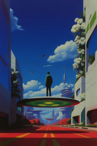 Luminous Retro-Surrealist Landscapes style reference image — one-point perspective