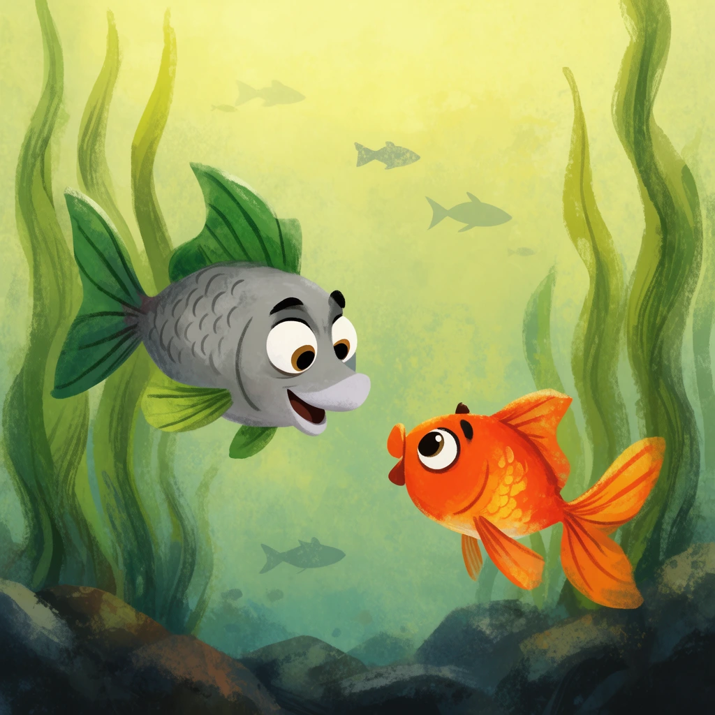 two expressive illustrated fish meeting underwater in a children's book style, a grey fish with green fins facing a smaller bright orange goldfish, tall wavy green aquatic plants, dark rocky seabed, murky greenish-yellow water, soft overhead lighting, distant fish silhouettes, painterly digital texture
