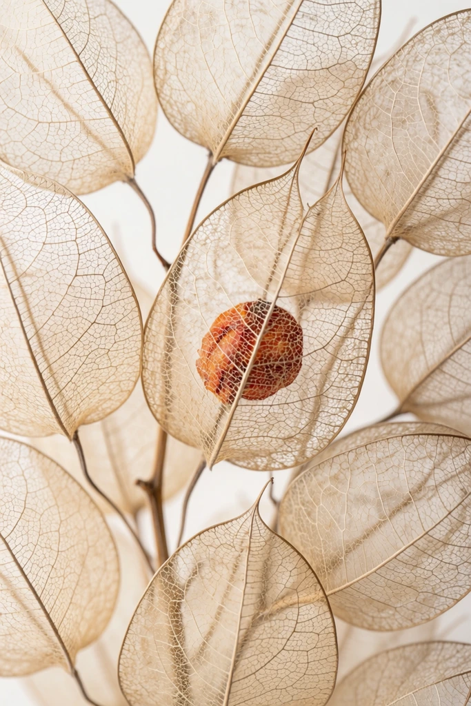 skeletonized botanical seed pods, delicate translucent lacy vein networks, tight overlapping arrangement, single pod enclosing a dried reddish-orange berry, thin wiry stems, bleached beige and pale tan hues, soft diffused lighting, high key macro photography, shallow depth of field, crisp focus