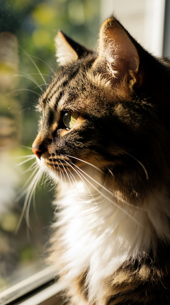 close-up profile of a fluffy tabby cat with a white chest looking out a bright window, strong direct sunlight illuminating long whiskers, deep shadows, blurred green outdoor background, shallow depth of field, warm high contrast photography