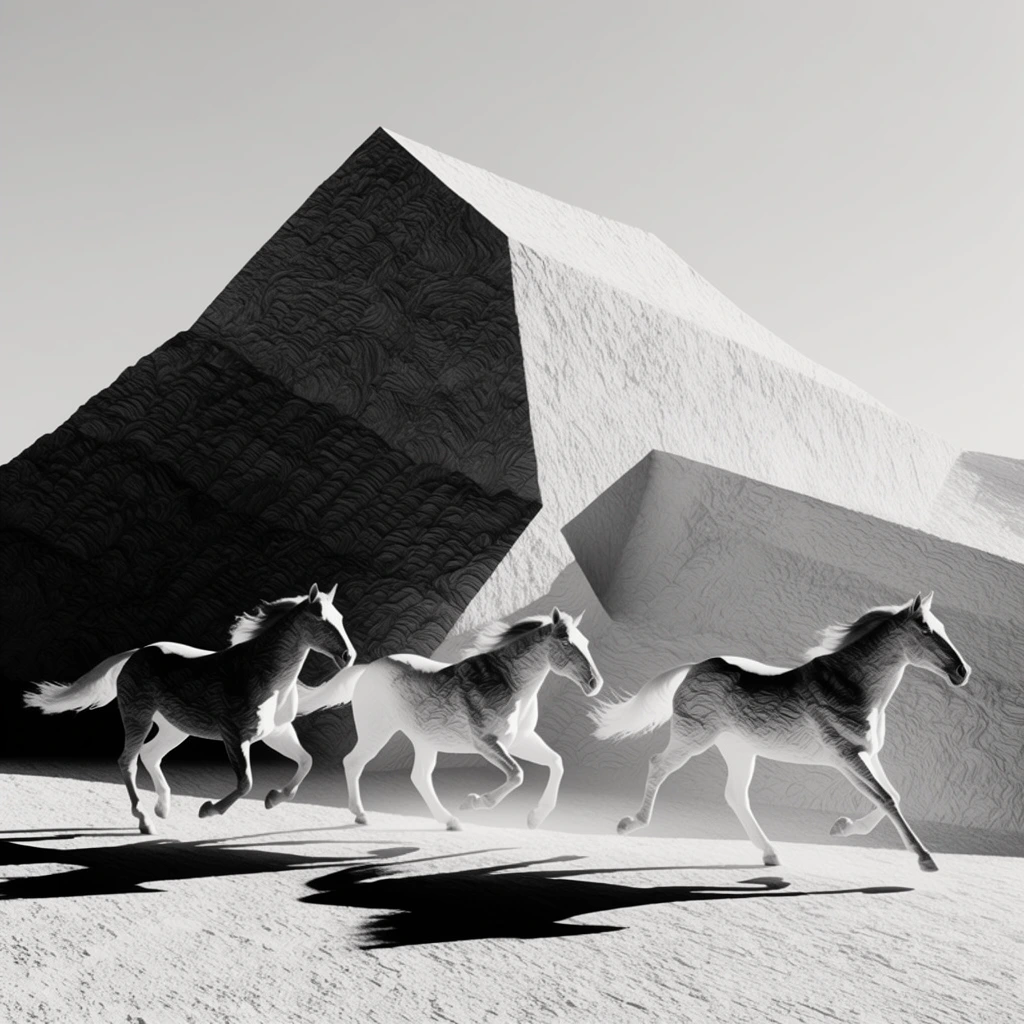 Three horses running across a flat expanse near a stark, angular mountain, rendered entirely in a high-contrast, minimalist, monochromatic aesthetic. The three galloping horses are captured in mid-stride, their forms sharply bisected by intense, harsh directional lighting that creates brilliant white highlights and pitch-black shadows. The mountain behind them is constructed from enormous, sharply intersecting geometric planes with razor-straight edges, towering over the landscape. The brightly lit surfaces of the mountain face, the ground plane, and the illuminated sides of the horses feature a coarse, grainy, plaster-like texture. The deeply shadowed sections, including the dark face of the mountain and the unlit flanks of the horses, exhibit a dense, three-dimensional, wavy, ribbed pattern resembling tightly layered material. Deep, solid black, geometrically sharp shadows cast by the running horses stretch dramatically across the textured ground. A smooth, uniform, pale gray gradient fills the entire sky above the mountain peak, completing the austere, grayscale chiaroscuro composition.