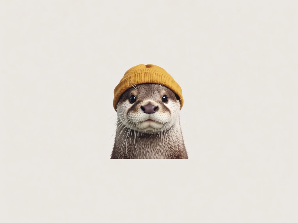 Photorealistic animal portrait illustration of a cute otter wearing a mustard knit beanie, centered composition, neutral tones, soft studio lighting, hyper-detailed fur, high contrast eyes, isolated on transparent background, designed for apparel print, ultra high resolution, crisp edges, commercial t-shirt graphic style, modern minimalist aesthetic.