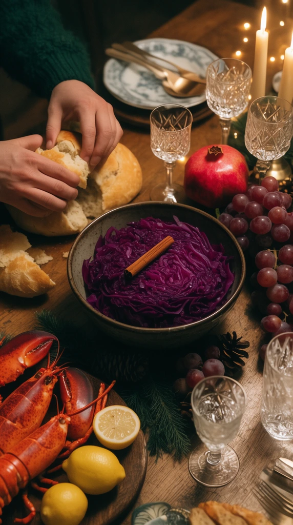 A high-angle view of a festive wooden dining table covered in a warm holiday feast. A central bowl of red cabbage with a cinnamon stick sits near a pomegranate, fresh grapes, and crystal glasses. On the left, hands break bread beside cooked lobster and lemons under cozy cinematic lighting.