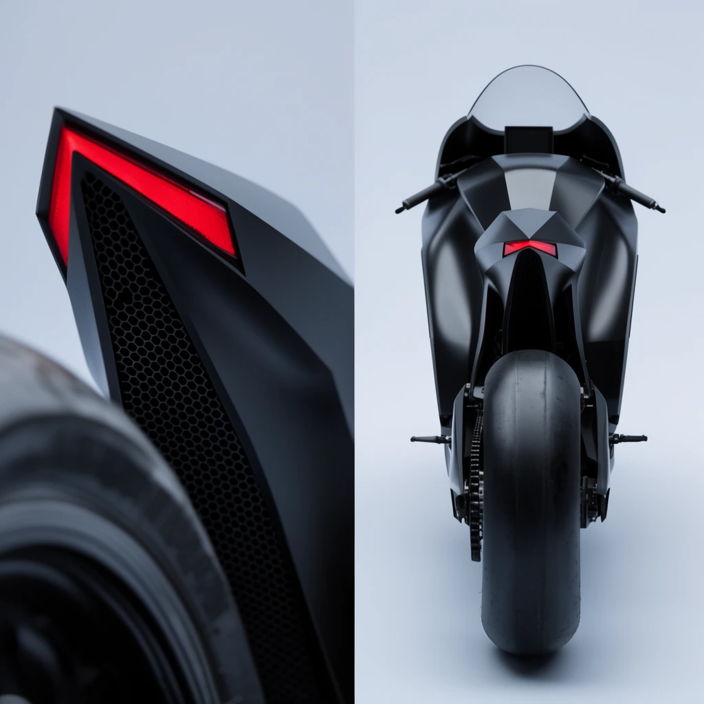 A split-frame studio view of a futuristic matte black motorcycle against a pale gray background. The left features a macro shot of the angular, stealth-like tail section with a red V-shaped taillight and honeycomb mesh over a blurred tire. The right displays the slim rear profile, showing a curved windshield, narrow handlebars, and wide slick tire. Soft diffused lighting emphasizes the highly sculpted aerodynamic geometry.