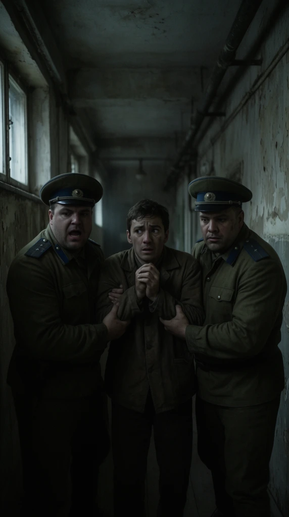 A tense medium shot of three men in a dimly lit, grimy corridor. Two burly men in olive-drab military uniforms, complete with peaked caps and blue epaulets, stand on either side of a slighter man, tightly gripping his arms. The central figure wears a plain brown jacket, his hands clasped nervously near his chest, displaying a wide-eyed, anxious expression. The guard on the left has his mouth open as if shouting. The narrow hallway features distressed, peeling plaster walls and overhead pipes, with small windows on the left casting cold, diffused daylight across the figures. The scene is enveloped in deep shadows, utilizing a muted color palette of drab greens, earthy browns, and slate grays to create a heavy, oppressive atmosphere. The shallow depth of field softens the receding background.