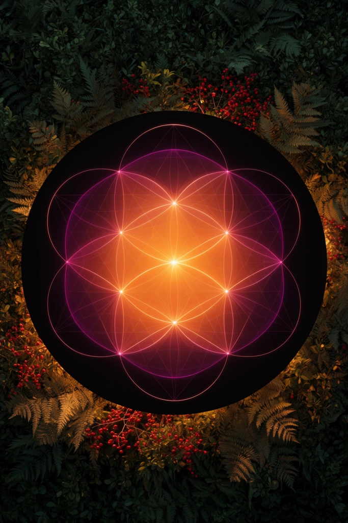 A central black circular emblem displaying a glowing orange and magenta geometric pattern of interlocking circles and polygons. It rests against dense, dark green foliage with ferns and small red berries, illuminated by a warm radiant glow from the center.