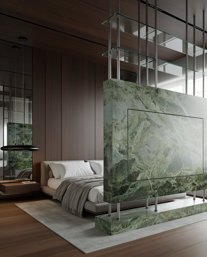 A modern, luxurious bedroom interior featuring a massive floating room divider constructed from green veined stone, glass shelving, and vertical metal poles. This heavy stone structure houses a flush-mounted rectangular panel and stands at the foot of a low-profile bed dressed with white pillows and a textured grey throw blanket. Floor-to-ceiling dark wood paneling covers the wall behind the bed, matching the flat ceiling panels and hardwood floor. A light grey rug anchors the space. On the left, a mirrored wall reflects a black, disk-shaped pendant light hanging above a low wooden nightstand. Soft, diffused daylight from the right illuminates the sophisticated architectural space, highlighting the rich textures of the marble, dark wood, and sleek glass in a highly photorealistic style.