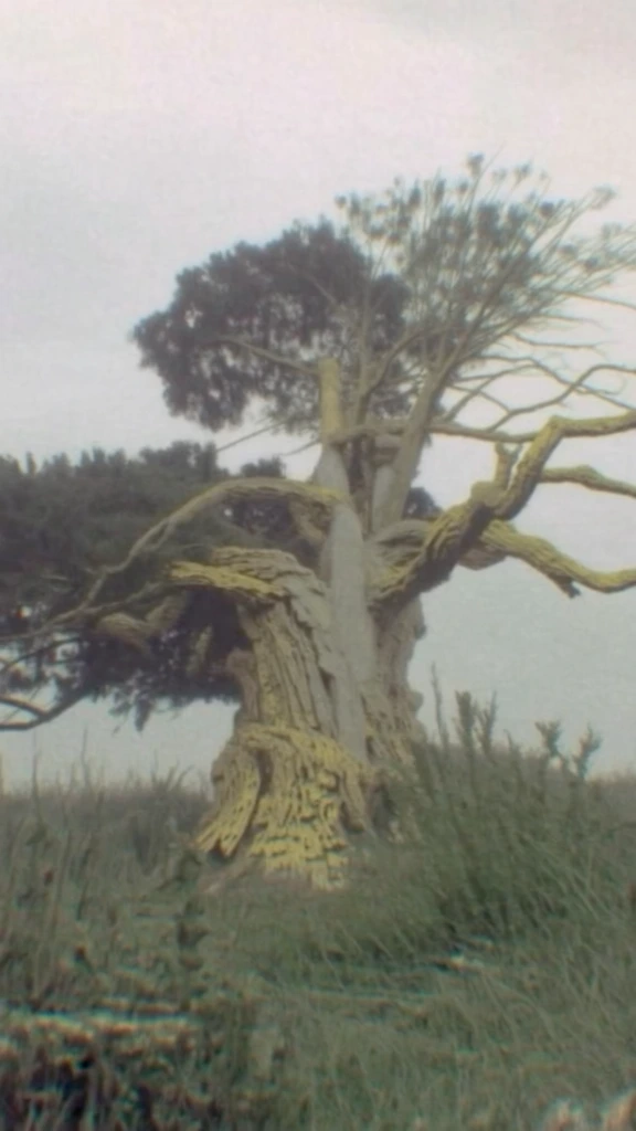 low-fidelity 16mm film aesthetic, a gnarled and heavily textured ancient tree trunk with sprawling branches and sparse leaves, set against a flat monolithic pale grey cloudy sky, desaturated palette of muted sage and hazy beige, heavy film grain, chromatic aberration, soft focus, overexposed overcast lighting, vintage analog quality, liminal atmosphere, low-contrast washed-out tones, crunchy digital compression artifacts, amateur candid framing.