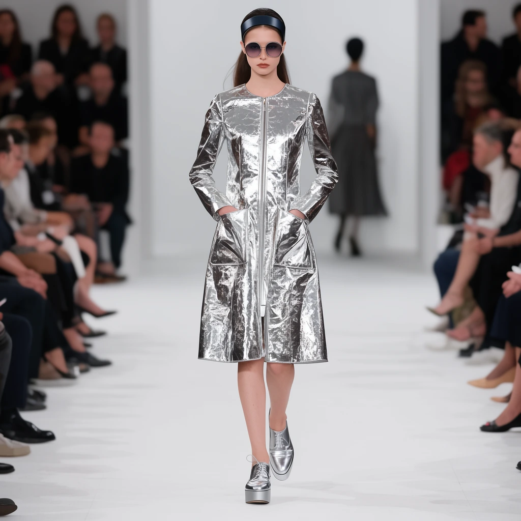 A fashion model walks a stark white runway wearing a highly reflective, crinkled metallic silver knee-length dress with a front zipper and large pockets. She sports a dark headband, round tinted sunglasses, and silver platform oxfords. Bright diffused lighting highlights the garment's foil texture against a blurred background of seated spectators and a retreating figure.