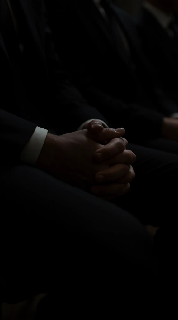 Tightly clasped hands with interlocking fingers rest in the lap of a seated individual in a dark suit. A crisp white shirt cuff extends from the shadowed sleeve, illuminated by a dim, soft light highlighting the skin against the gloom. Extreme low-key lighting dominates the cinematic composition, enveloping the environment in deep chiaroscuro shadows. In the obscured background, fragments of other seated figures in matching dark formalwear fade into the pitch-black atmosphere. A shallow depth of field maintains sharp focus on the central hands, emphasizing a solemn mood through dramatic shadow falloff.