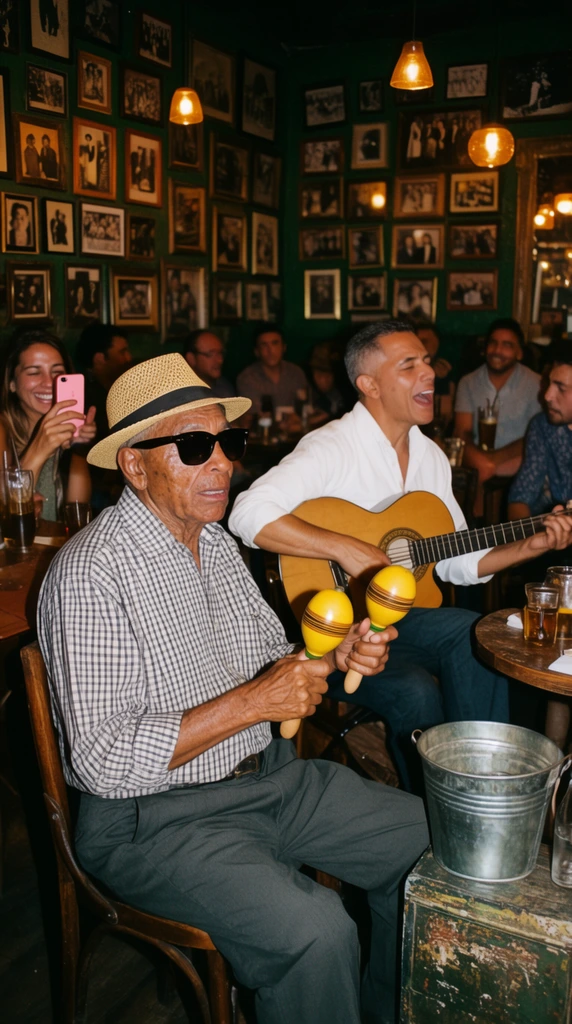 elderly man playing yellow maracas, wearing a checkered shirt, straw fedora, and dark sunglasses, beside a singing guitarist in a white shirt, smiling woman recording with a pink smartphone, lively dimly lit bar interior, dark green walls densely covered with framed vintage photographs, patrons at wooden tables, warm amber pendant lights, metallic bucket on a distressed crate, candid documentary photography, warm earthy palette, shallow depth of field