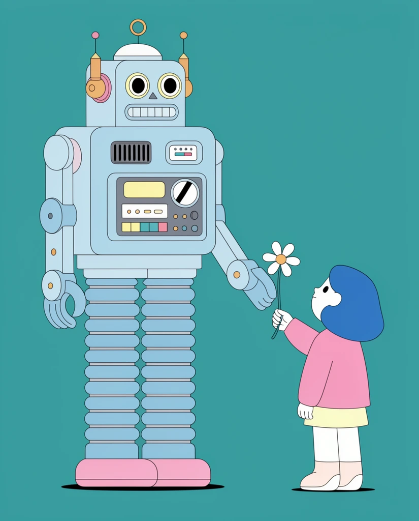 Flat vector illustration on a solid teal background of a towering light blue retro robot with segmented legs accepting a white daisy from a small blue-haired girl in a pink jacket, rendered with clean black outlines and a limited pastel palette.