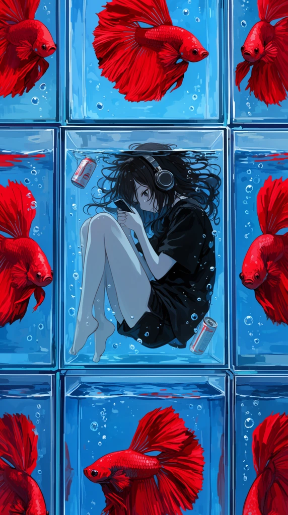 anime illustration, high angle grid of glass aquariums filled with blue water, central tank encloses a submerged young woman curled in fetal position, holding a smartphone, dark hair, black shirt, shorts, headphones, floating can and bubbles, surrounding tanks each hold a vibrant red betta fish, vivid red and blue contrast, surreal melancholic mood