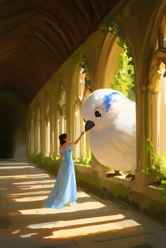A woman in a flowing light blue gown reaches to touch the beak of a colossal white bird peering through a stone archway. The massive, rounded bird features soft white plumage, a dark beak, large expressive eyes, and subtle blue markings on its head. They stand in a long, shadowed cloister with a vaulted ceiling and a colonnade of tall gothic arches draped in creeping green vines. Brilliant golden sunlight streams through the archways, casting stark, elongated geometric shadows across the stone floor. Rendered as a digital painting with loose, painterly brushstrokes, the image uses warm atmospheric lighting and high-contrast chiaroscuro to emphasize the surreal scale difference and the gentle, intimate interaction between the tiny human figure and the giant creature.