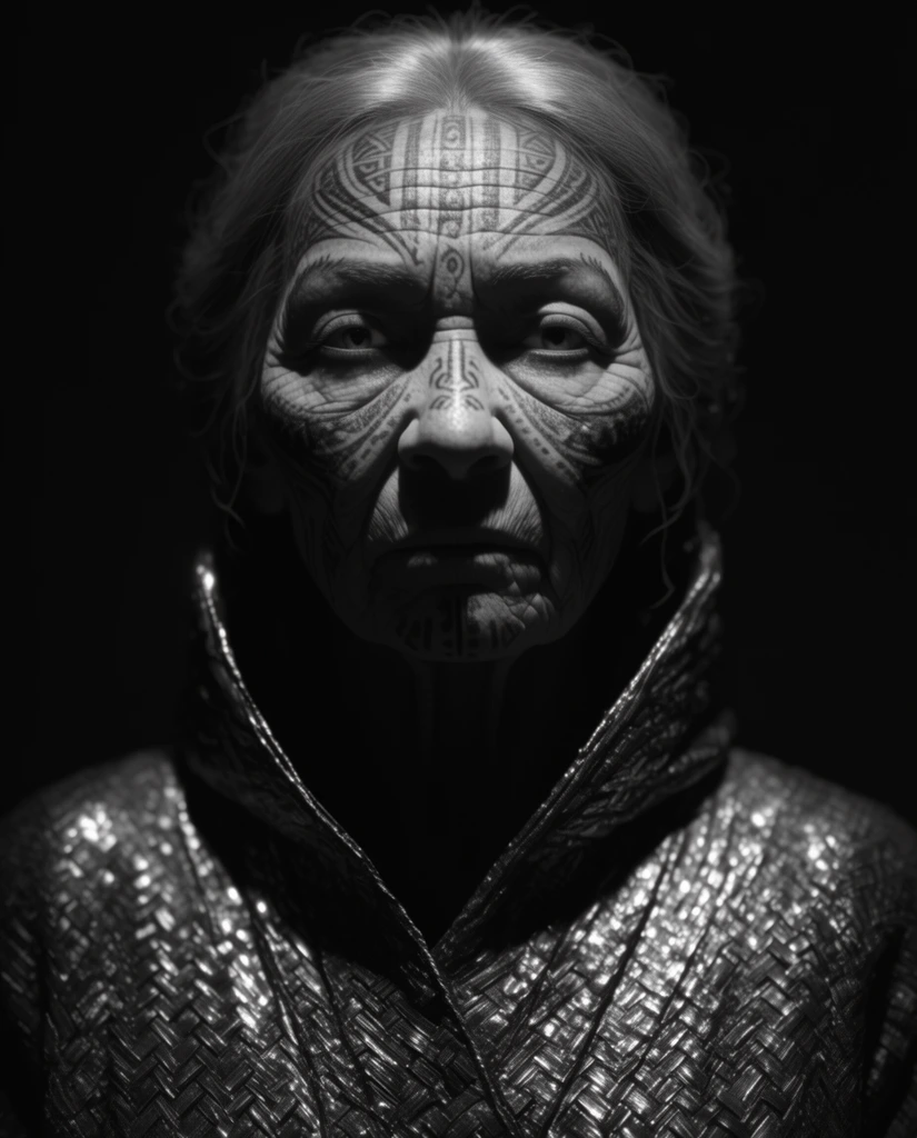 Cinematic monochrome portrait of an elderly woman with deep wrinkles and tribal facial tattoos staring intensely forward. She wears a high-collared woven metallic robe. A harsh top-down spotlight isolates her striking features against a pitch-black background, creating dramatic high-contrast chiaroscuro.